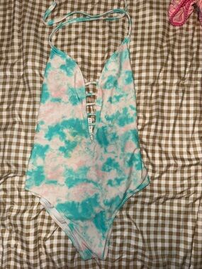 Hollister Aqua & White Tie-Dye Halter Swimsuit